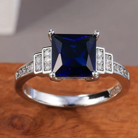 Sterling Silver Diamond Sapphire Princess Cut Ring - Picture 3 of 7